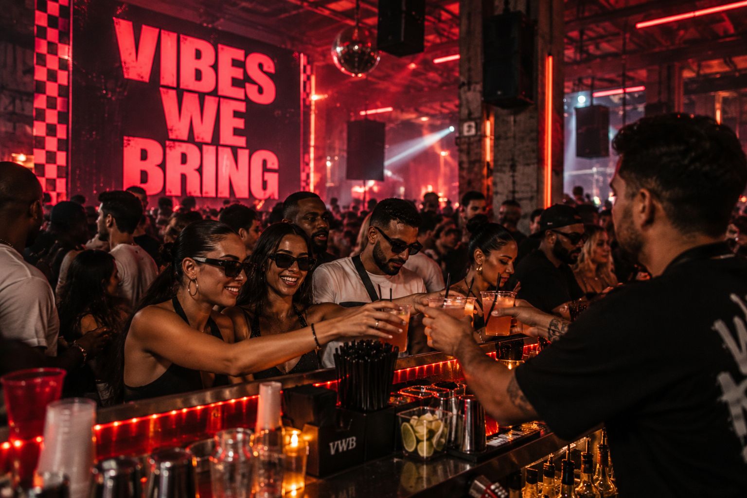 People reaching across a bar to take drinks from a bartender, with a huge red Vibes We Bring screen with checkerboard edges and a mirror ball behind them.