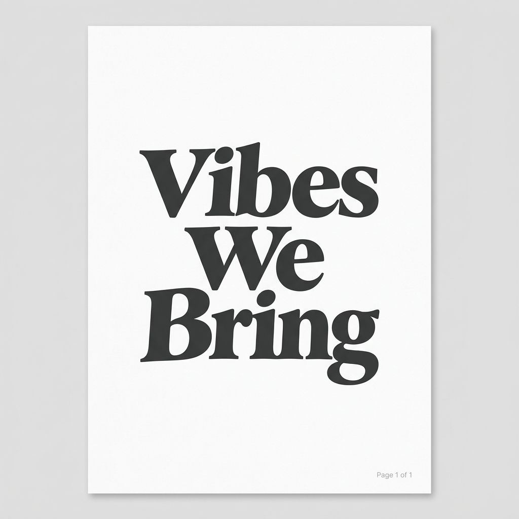The Vibes We Bring wordmark in a heavy serif typeface, stacked over three lines in charcoal on a white sheet.
